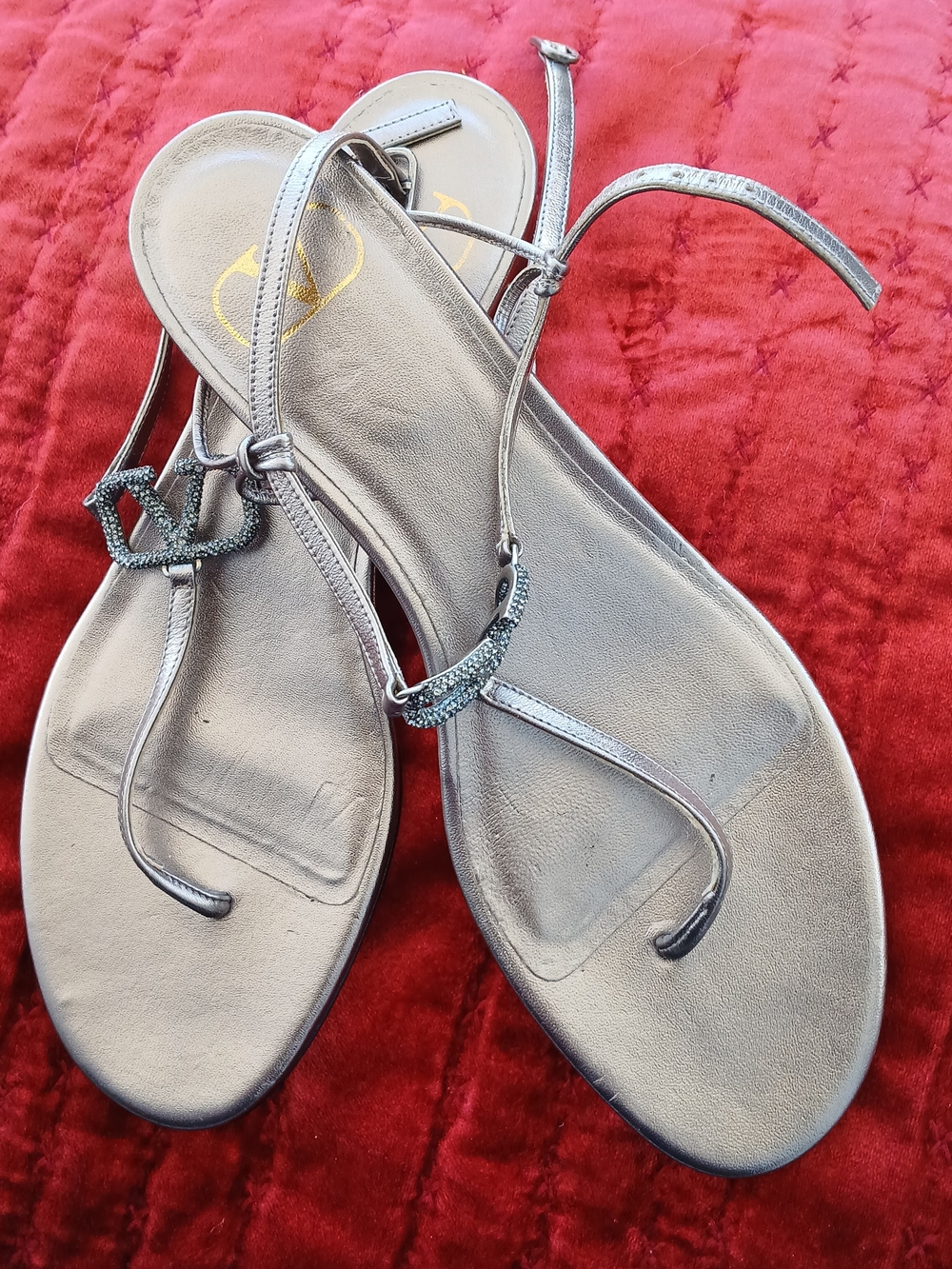 Valentino Silver T-Strap Crystal Logo Flat Sandals